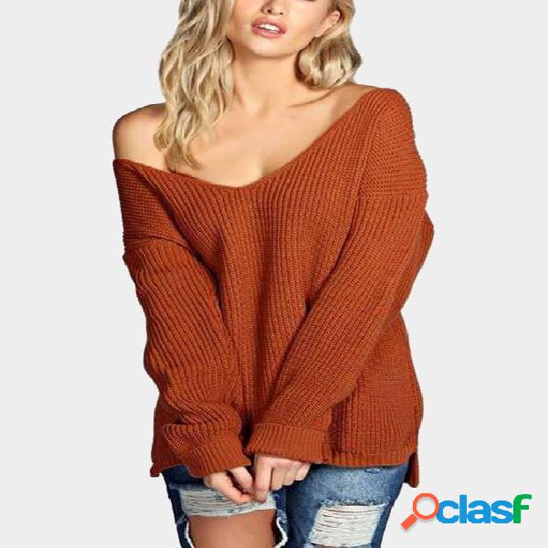 Coffee Clasic Design V-neck Loose Plunge Sweater