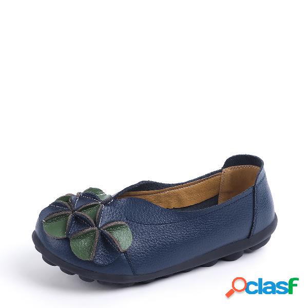 Dark Blue Genuine Leather Flowers Embellished Flats