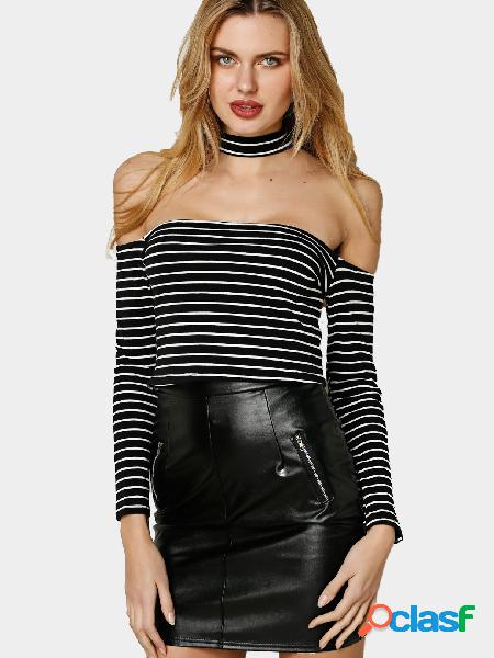 Fashion Off Shoulder Halter Stripe Pattern Crop Top