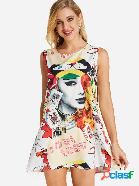 Fashion Random Portrait Printing Mini Dress
