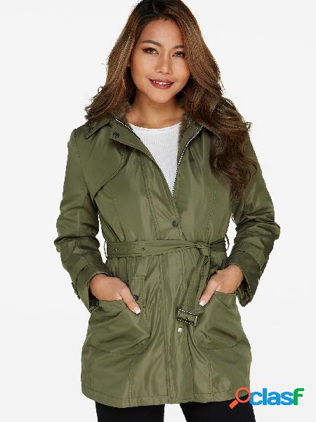 Green Fur LapelCollar Drawstring Waist Hooded Trench Coat