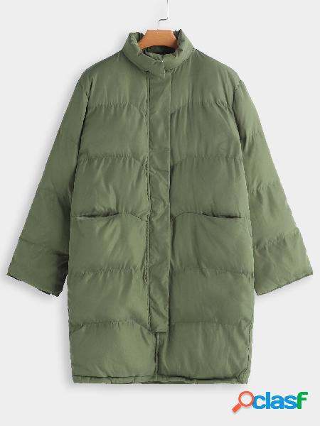 Green Slip Pockets Zip Front Stand Collar Long Trench Coat