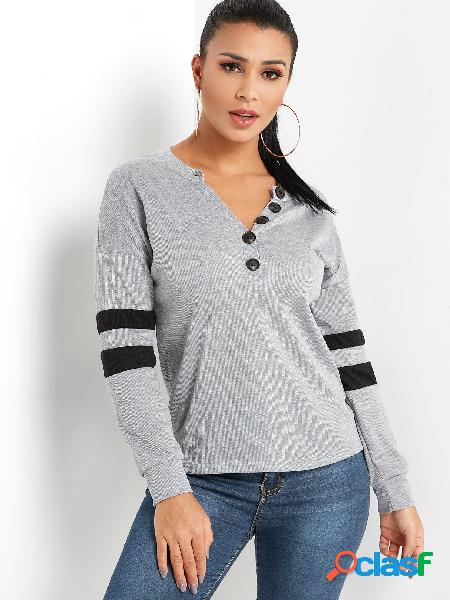Grey Button Design Stripe V-neck Long Sleeves Tee