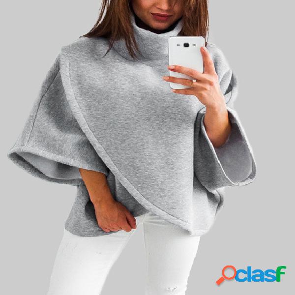 Grey Chimney Collar Flared Sleeves Irregular Hem Sweater