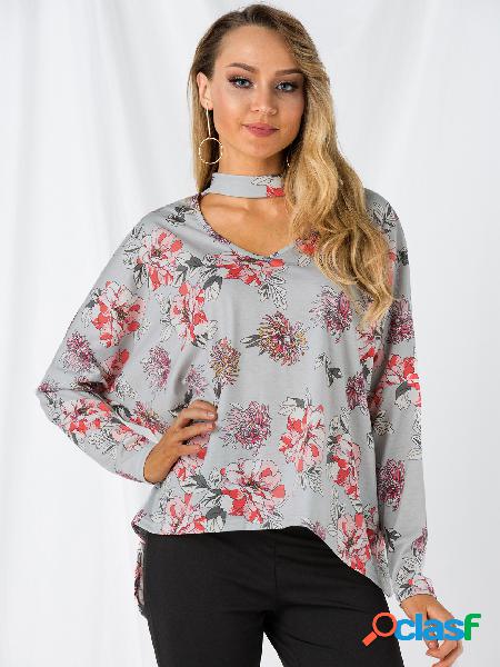 Grey Floral Print Halter Long Sleeves Blouse