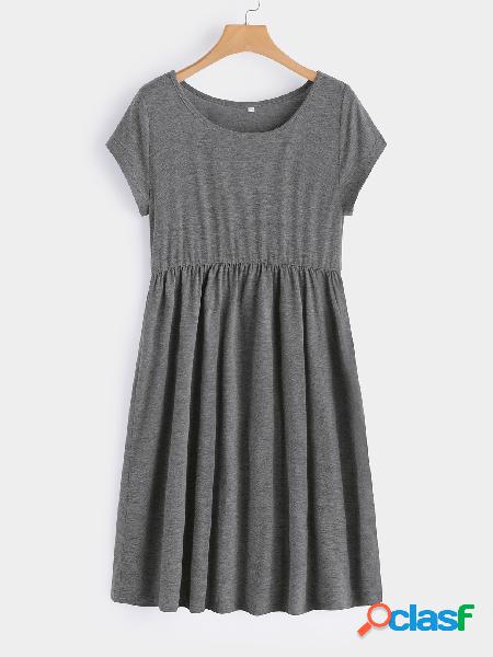 Grey Plain Round Neck Short Sleeves Midi Swing Dress