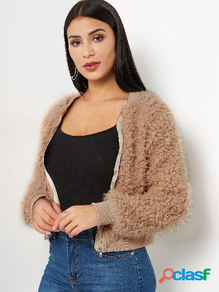 Khaki Stand Collar Long Sleeves Faux Fur Mini Coat