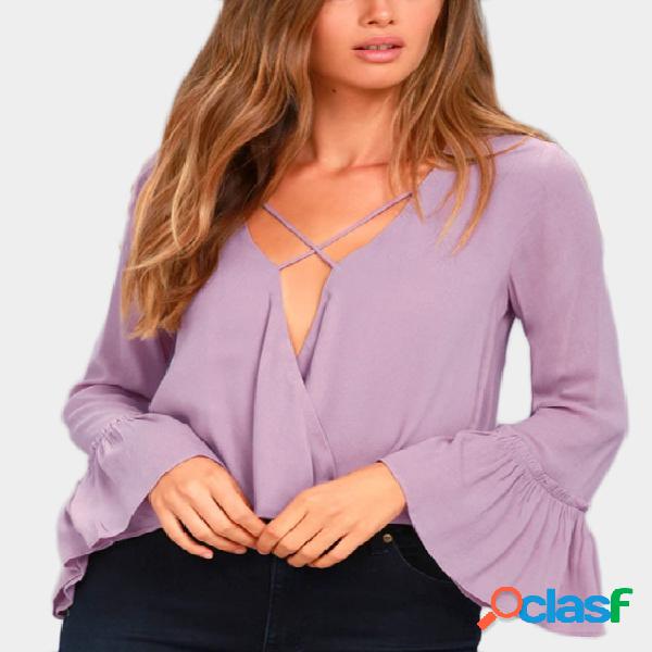 Light Purple Crossed Front Design V-neck Flared Sleeves