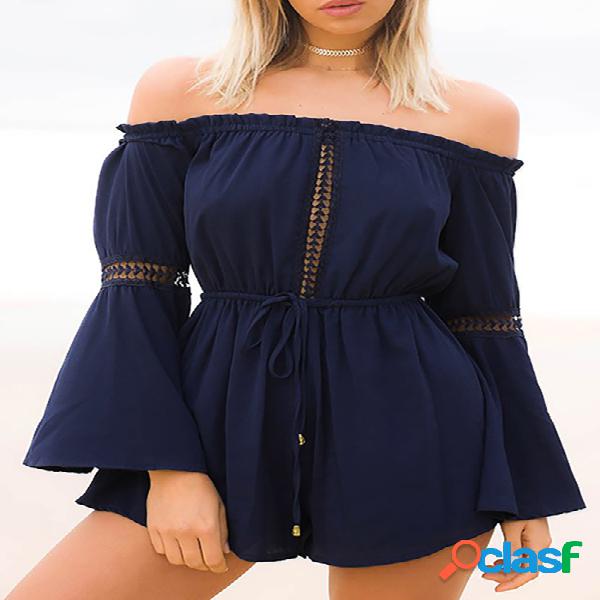 Off The Shoulder Flared Sleeeves Drawstring Waist Playsuit