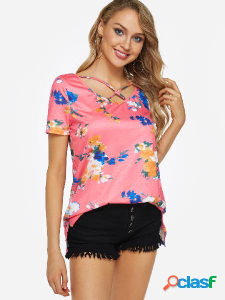 Pink Random Floral Print Round Neck Irregular Hem T-shirt