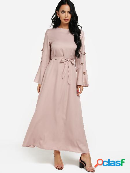 Pink Sequin Rhinestone Applique Flower Bell Sleeve Maxi