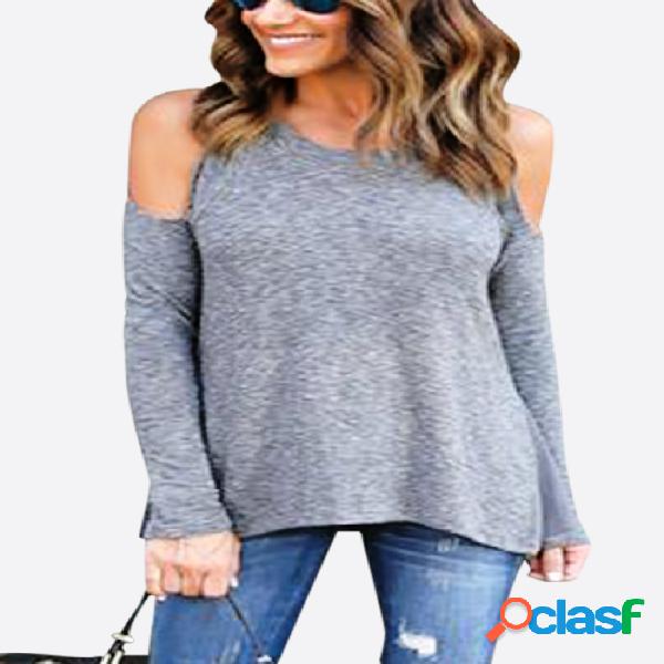 Plain Color Round Neck Cold Shoulder T-shirt