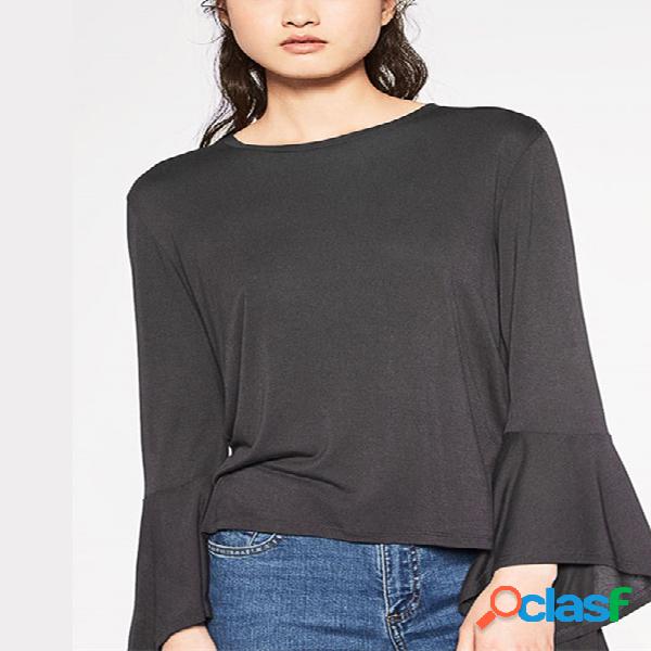 Plain Color Round Neck Flared Sleeve T-shirt