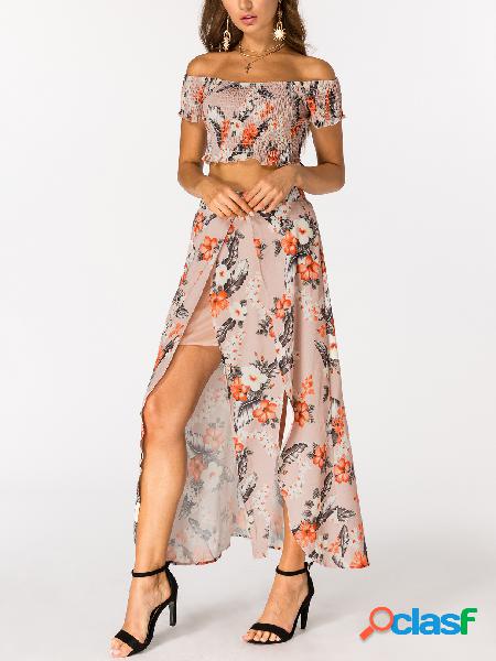 Random Floral Print Off the Shoulder High Slit Two Piece