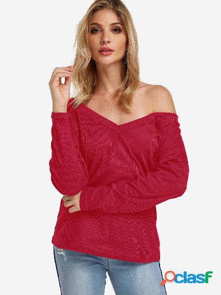 Red One Shoulder Design Deep V-neck Long Sleeves Tee