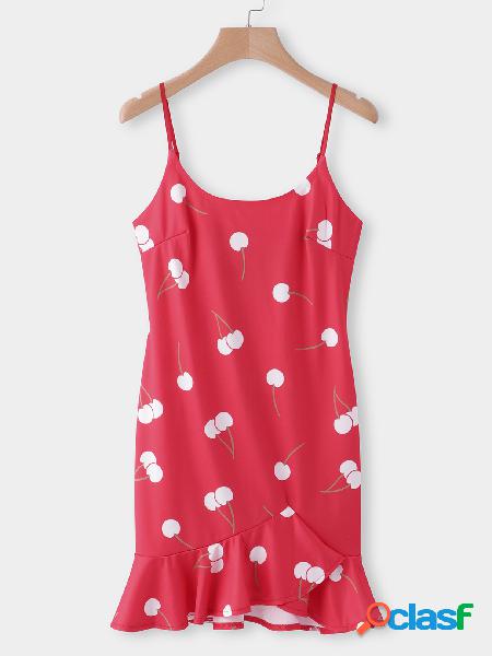Red Random Cherry Print Scoop Neck Sleeveless Flounced hem