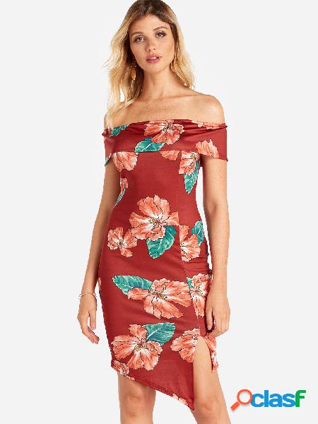 Red Slit Hem Floral Print Off The Shoulder Frill Neck Short