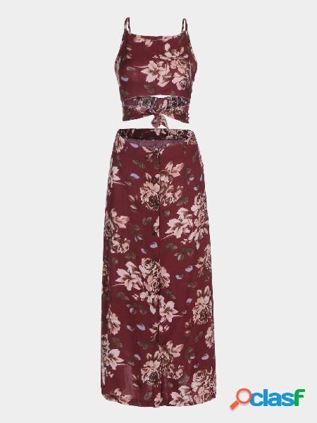 Red Vintage Floral Print Tie Back Crop Top and Split Maxi