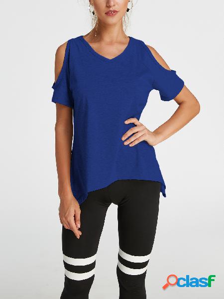 Royal Blue Cold Shoulder Irregular Hem T-shirt