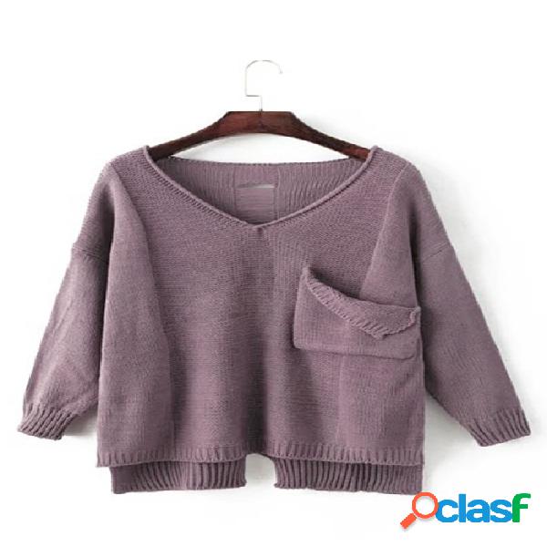 Russet-red V-neck Hollow Out Sweater With One Pocket
