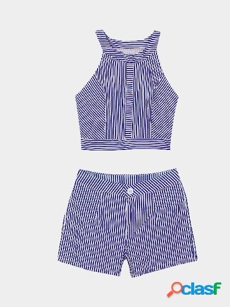 Stripe Pattern Crew Neck Sleeveless Top & Shorts Co-ord