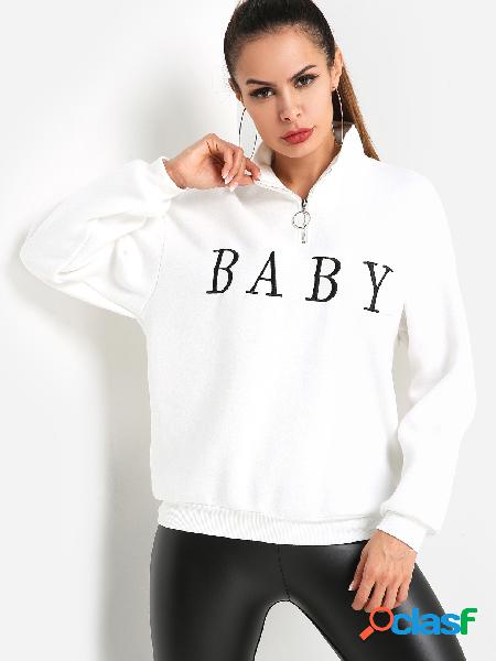 White Letter Print Zipper Front Pullover Sweatshit