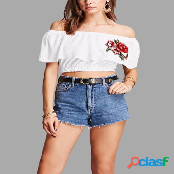 White Off Shoulder Embroidered Crop Top