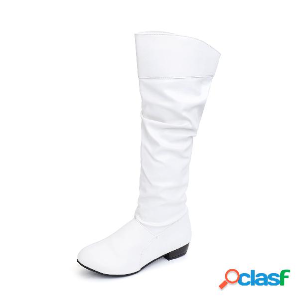 White PU Round Toe Mid Calf Boots