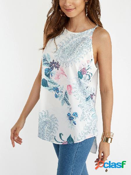 White Random Floral Print Cami Top with High-low Hem