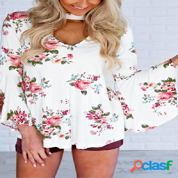 White Random Floral Print V-neck Flared Sleeves Top with