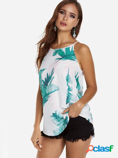 White Random Leaf Print Halter Sleeveless Summer Camis