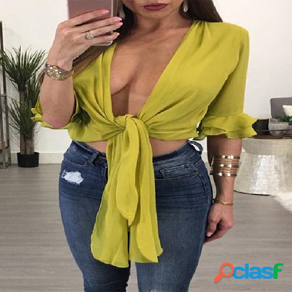 Yellow Deep V-neck Self-tie Crop Top