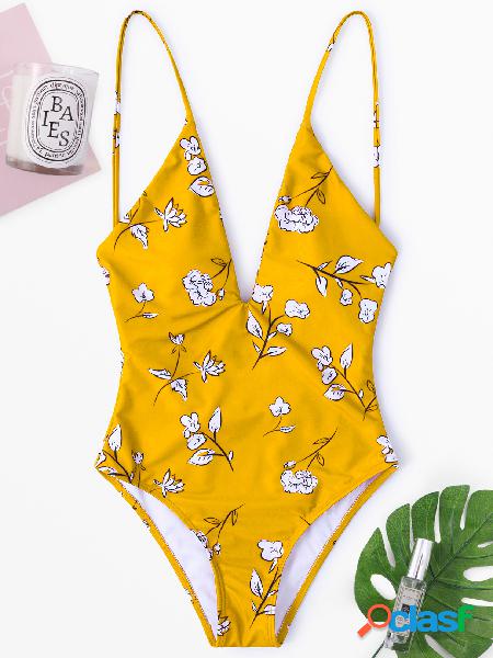 Yellow Random Floral Print Monokini