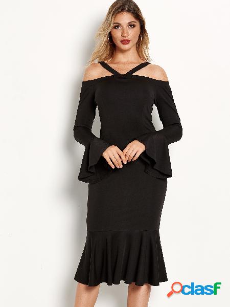 Black Cold Shoulder Long Bell Sleeves Fishtail Dress