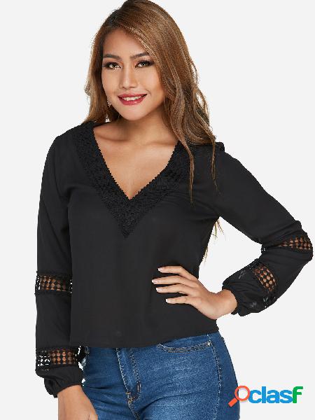 Black Hollow Design V-neck Long Sleeves Blouses