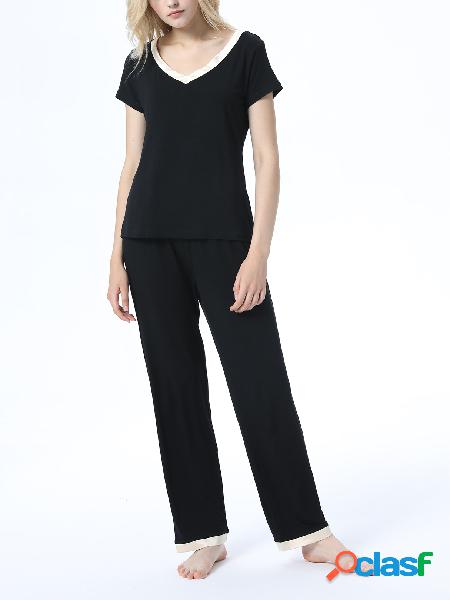 Black V-neck Short Sleeves Basic Pajama Set