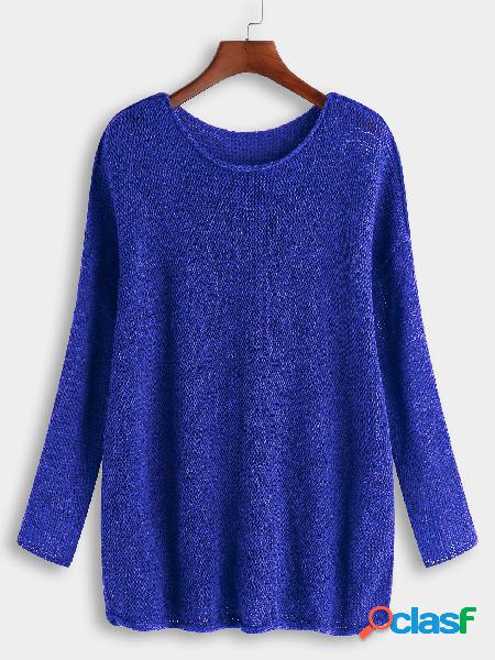 Blue Plain Round Neck Long Sleeves Loose Fit Sweaters