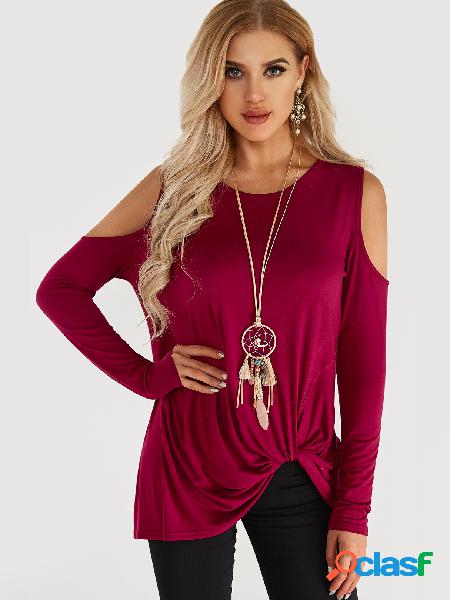 Burgundy Crossed Front Design Cold Shoulder Long Sleeves Tee