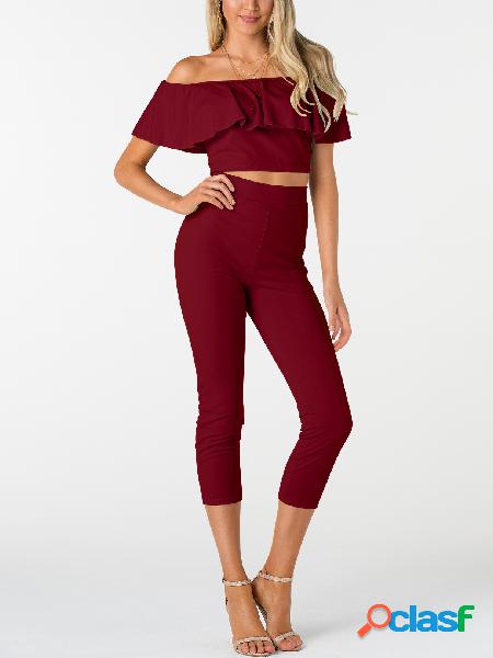 Burgundy Off-The-Shoulder Ruffle Design Two Piece Outfits