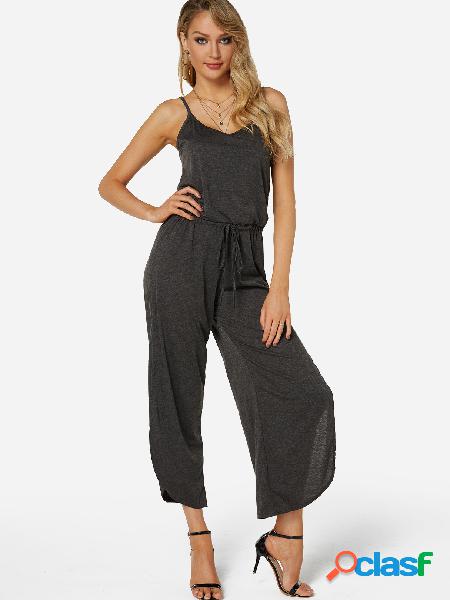 Dark Grey Spaghetti Slit Design Tight Waist Jumpsuit