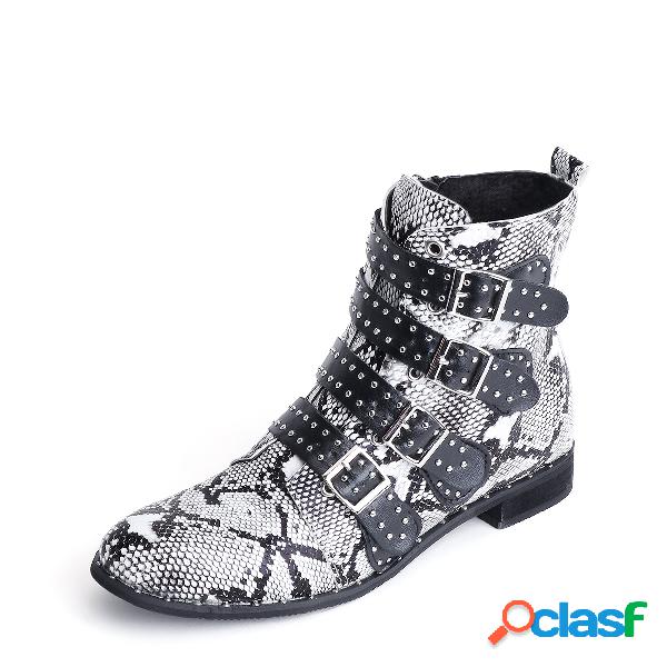 Grey Snake Rivet Design Buckles Ankle Boots