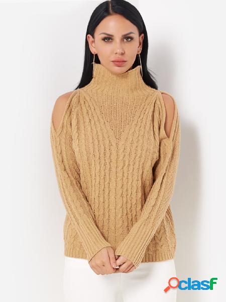 Khaki Cut Out High Neck Long Sleeves Knitted Sweater
