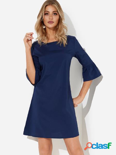 Navy Round Neck 3/4 Length Sleeves Mini Dress