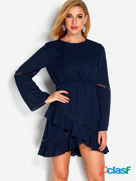 Navy Wrap Design Round Neck Long Sleeves Dress