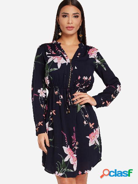 Navy Zip Front Design Random Floral Print V-neck Long