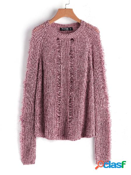 Pink Hollow Design Round Neck Long Sleeves Sweater