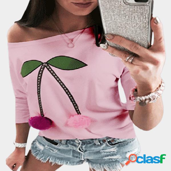 Pink Pom-pom Design Scoop Neck 3/4 Length Sleeves T-shirt