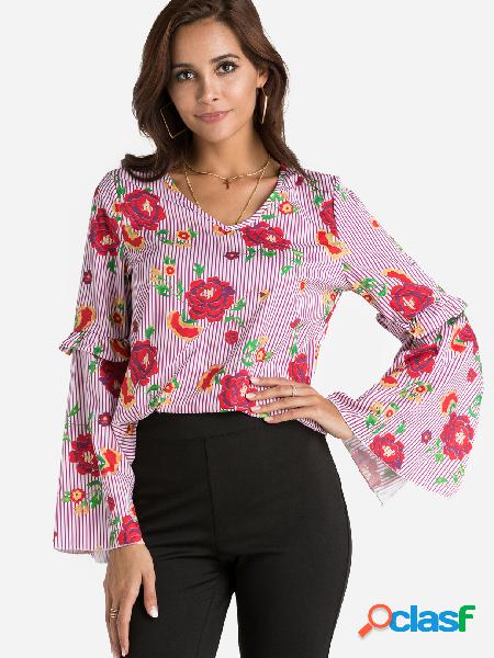 Red Slit Design Random Floral Print V-neck Flared Sleeves