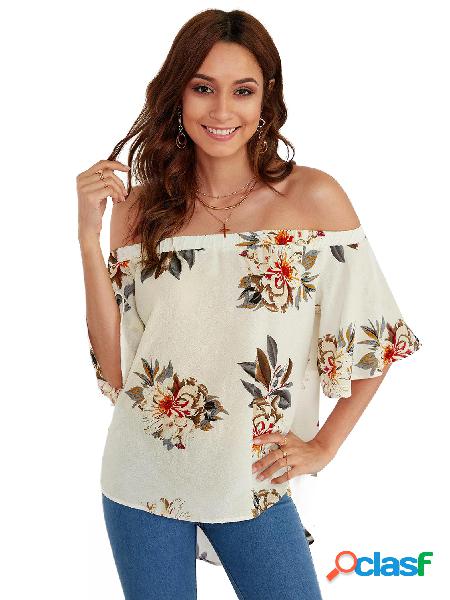 White Floral Print Off The Shoulder Half Flared Sleeves