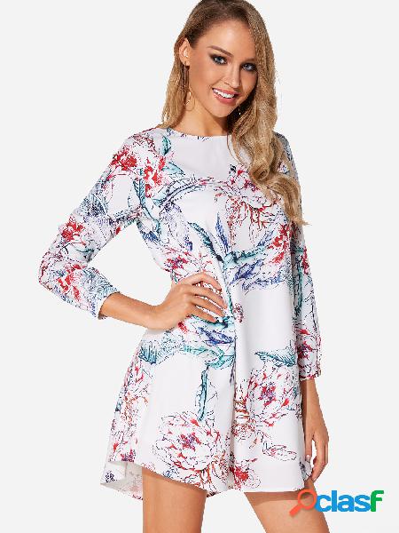 White Random Floral Print Round Neck Long Sleeves Curve Hem